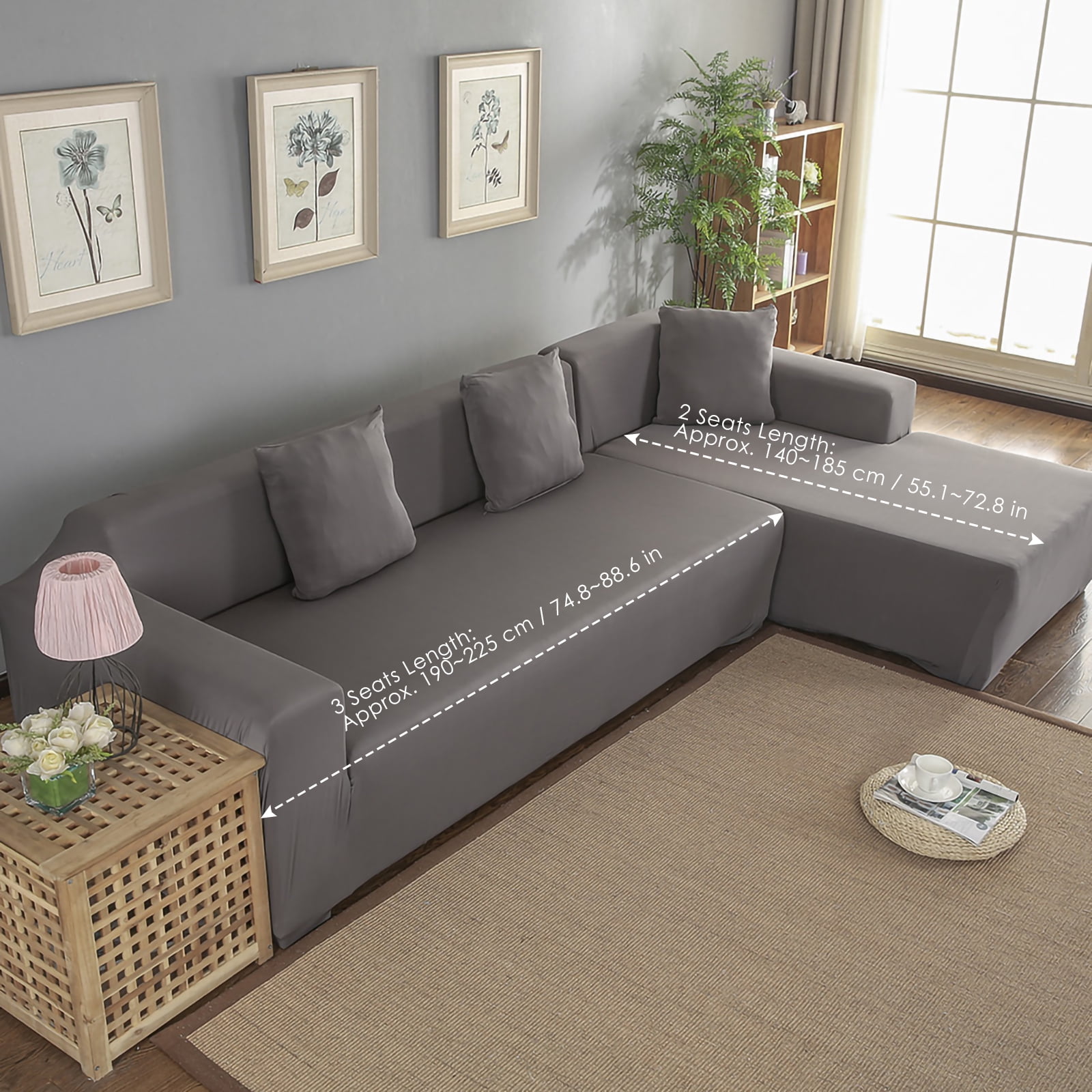 Sofa Covers for L Shape, Polyester Fabric Stretch Slipcovers 3 + 2 seat for Sectional sofa L-shape Couch Grey