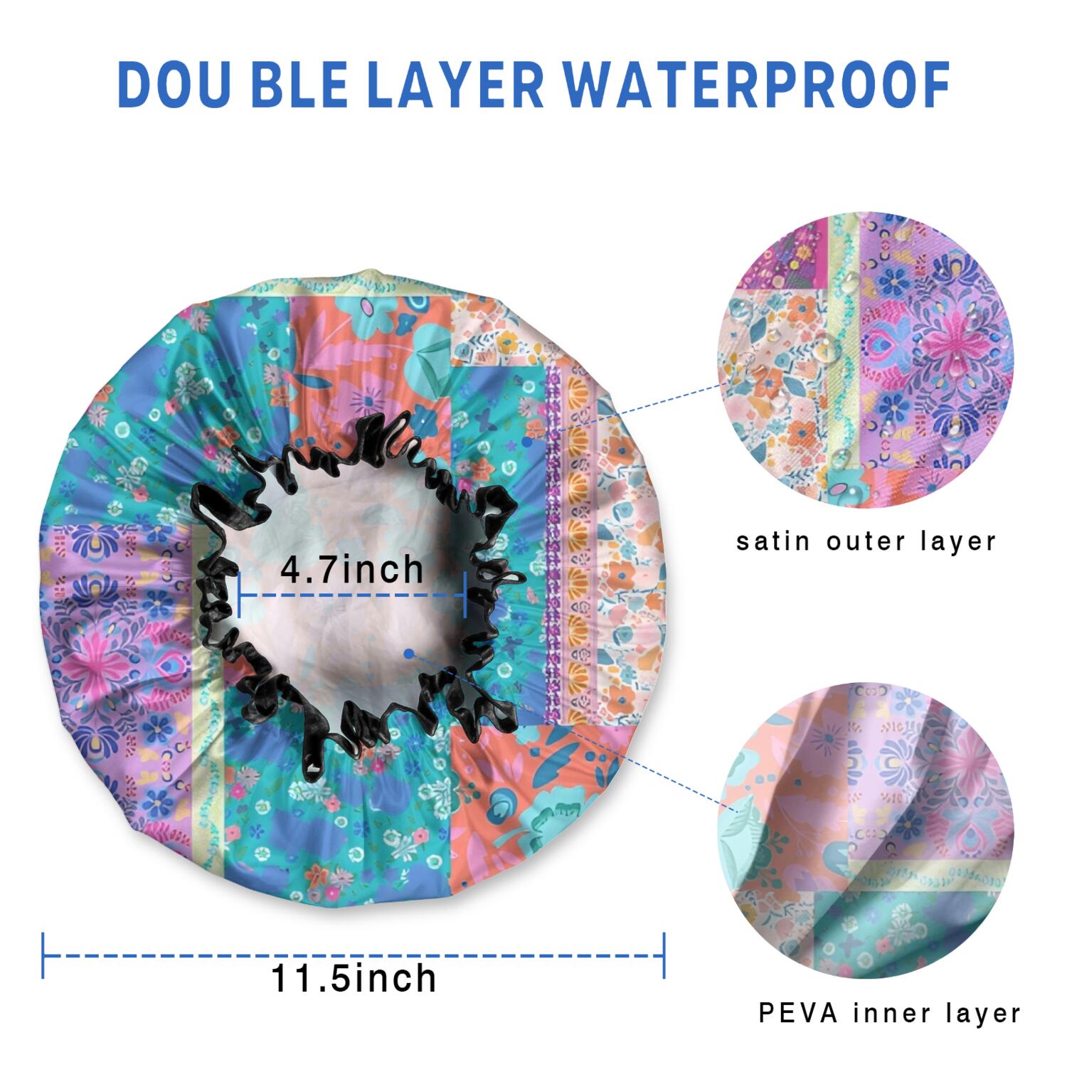 Shower Caps,Multicolor Ethnic Flower Patchwork Pattern Waterproof Shower Cap for Women 4 Pieces,Double Reusable Hair Cover for Shower PEVA Elastic Stretch Hem