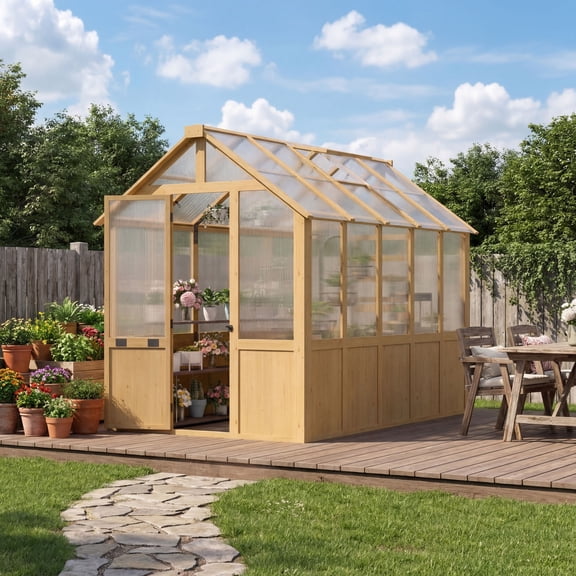 Erommy 6'x10' Outdoor Wooden Greenhouse, Heavy Duty Green House with Thickend PC Panel, Adjustable Windows, 12/16 Plant Hooks and Lockable Door for Garden,Backyard