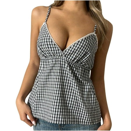 JGGSPWM Women s Classic Plaid Spaghetti Strap Lace Camisole V Neck Preppy Babydoll Tank Top Y2K Black XL