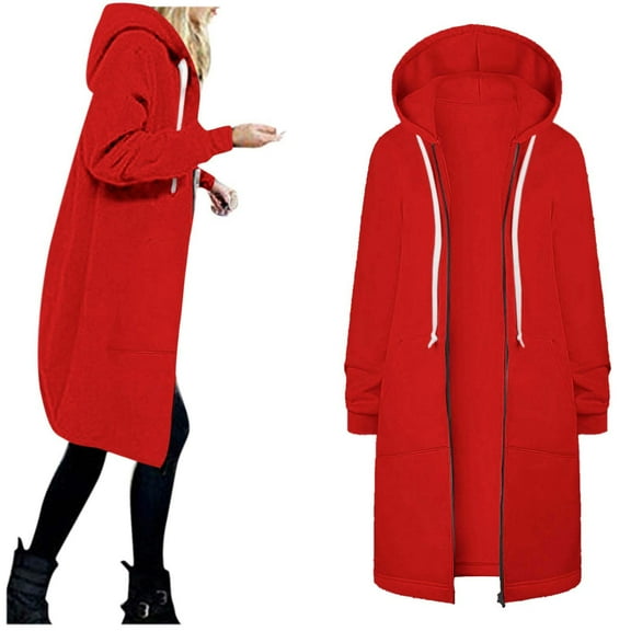 Cyber&Monday Deals Usmixi Winter Womens Sweatshirt Coat Casual Sweatshirt Coat for Women Long Sleeve Solid Loose Drawstring Hooded Coat Open Front Zip Long Hoodie Outerwear with Pocket Up to 65% off