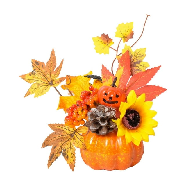 TopLLC Fall Pumpkins Table Decor, Halloween Decorations, Artificial Foam Pumpkin with Maple Leaves Berries, Farmhouse Rustic Decorative Faux Pumpkin Table Centerpiece for Thanksgiving Autumn Harvest