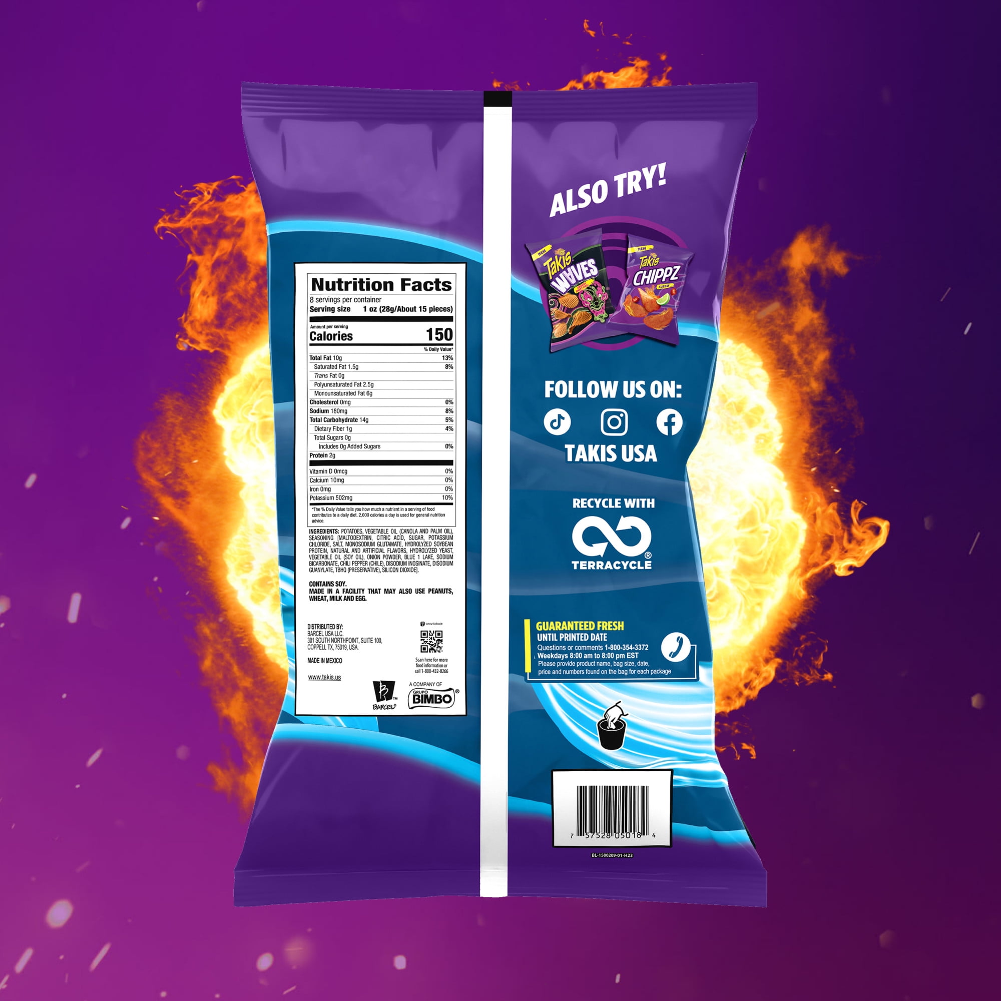 Takis Blue Heat Waves 8 oz Sharing Size Bag, Hot Chili Pepper Wavy Potato Chips