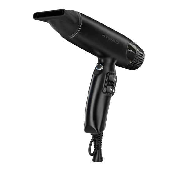 Secador de pelo profesional híbrido GAMMA+, ligero, con tecnología iónica y bajo nivel de ruido, con 2 boquillas y difusor (negro)