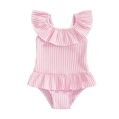 Huowey Swimsuit One Piece Swim Wear Rash Guard Stripe Pritn Onesize Bikini Beachwear Ruffled Round Neck Beach Swimwear Pink 2-3 Years