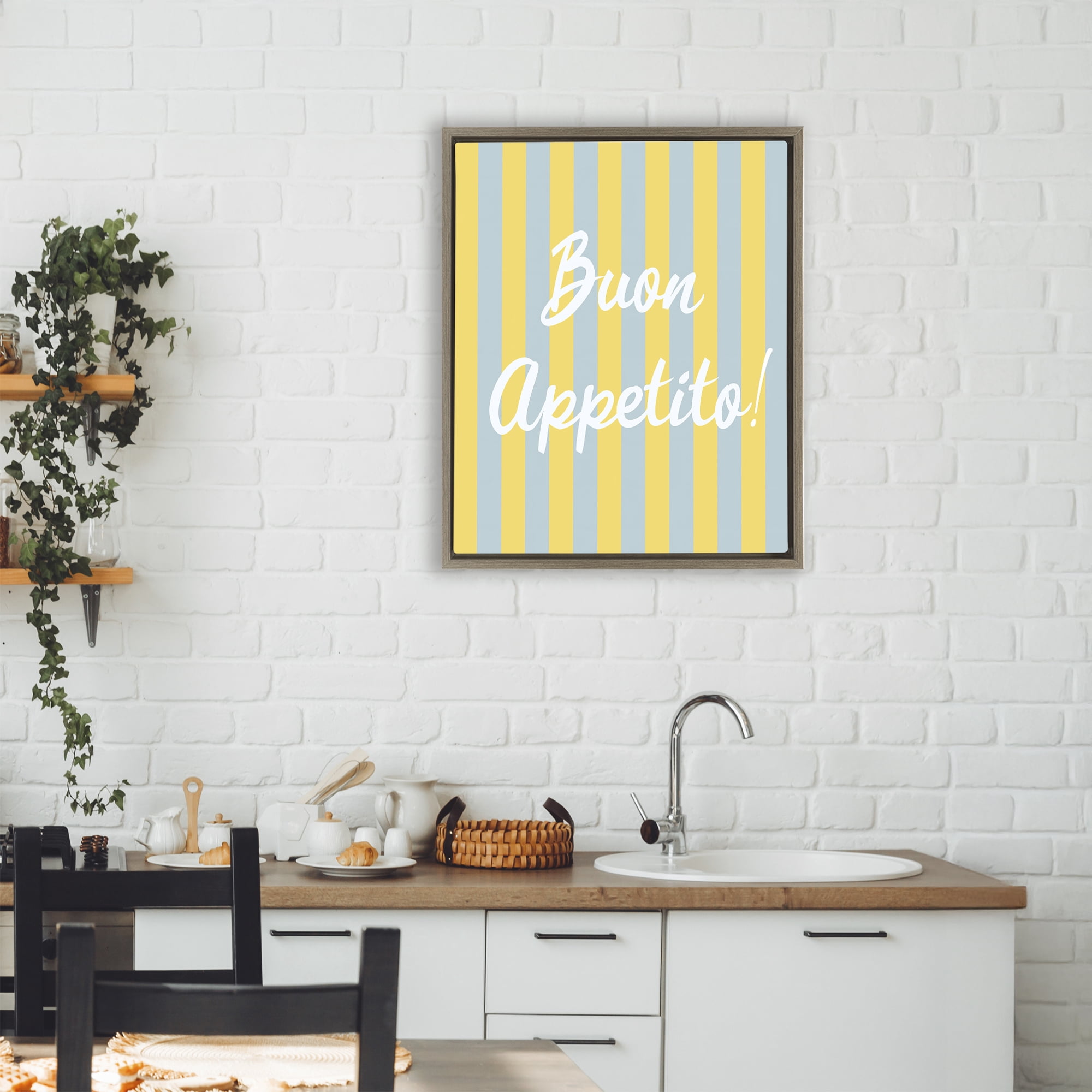 Stupell Industries Buon Appetito Blue Yellow Stripes Brown Framed Floater Canvas Wall Art, design by SD Graphics Studio