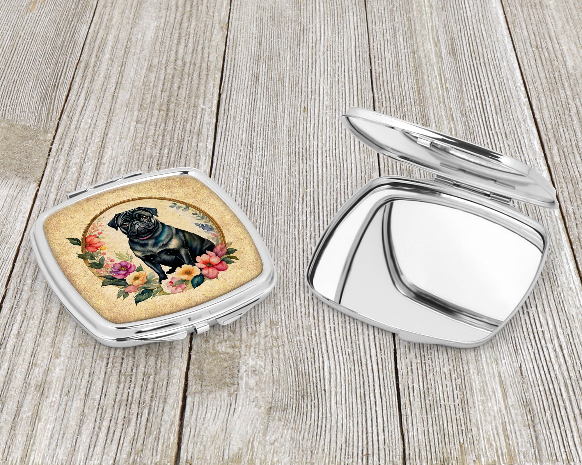 Black Pug and Flowers Compact Mirror 2.75 in x 3 in