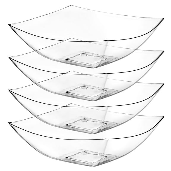 Posh Setting Square Plastic Serving Bowls, Large Clear Plastic Serving Bowls, 4 Pack Plastic Disposable Party Snack, Buffet, Chips, or Salad Bowl, Heavy Duty