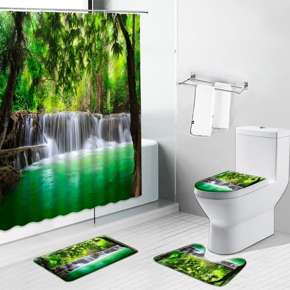 3D Waterfall Forest Trees Scenery Shower Curtain With Hook Bathroom Curtains Bath Mat Set Pedestal Rug Lid Toilet Cover Non-Slip