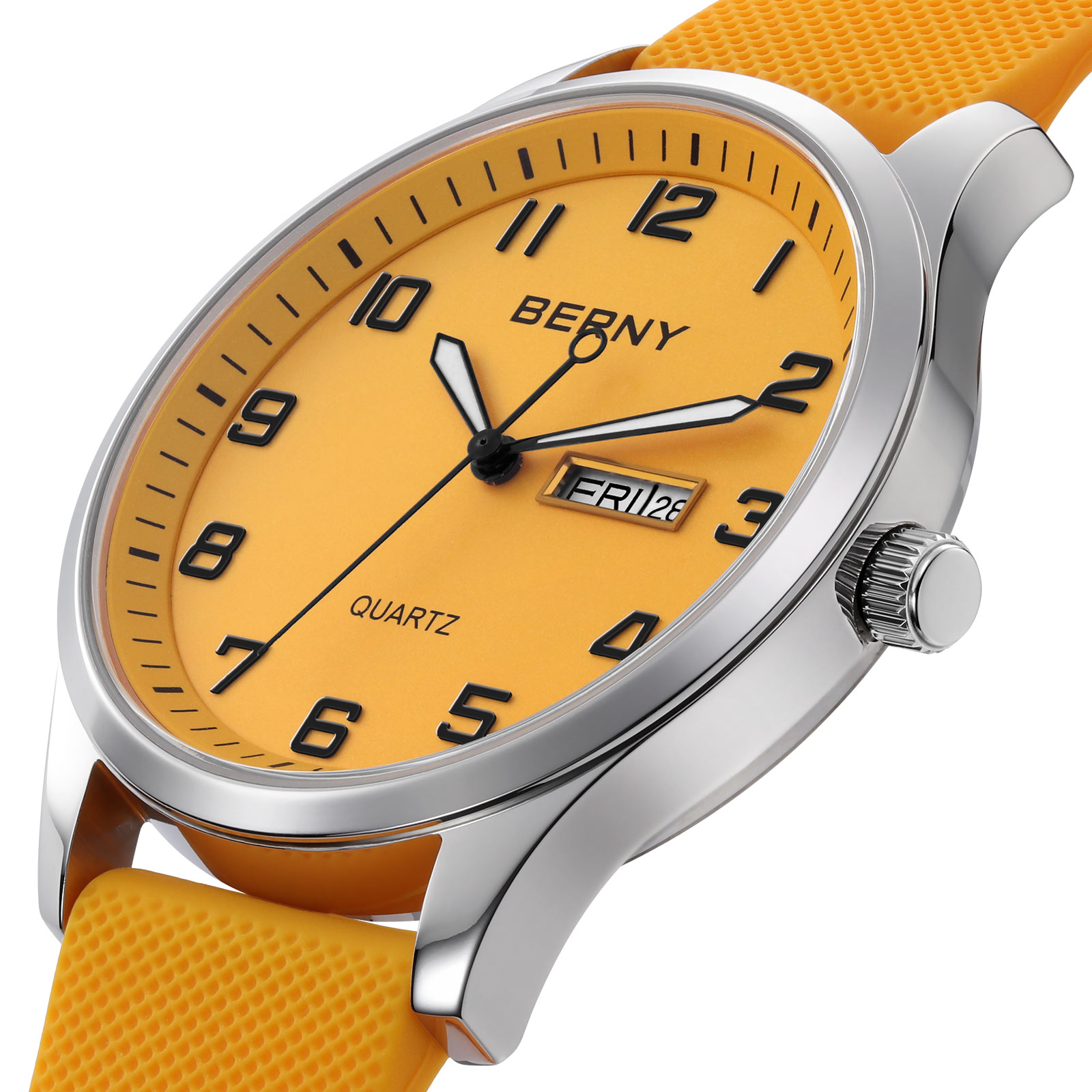 BERNY Modern Quartz Watch for Men Casual Easy Read Wristwatch with Arabic Numeral Watch Dial, Silicone Strap and Day & Date Calendar-Orange Dial
