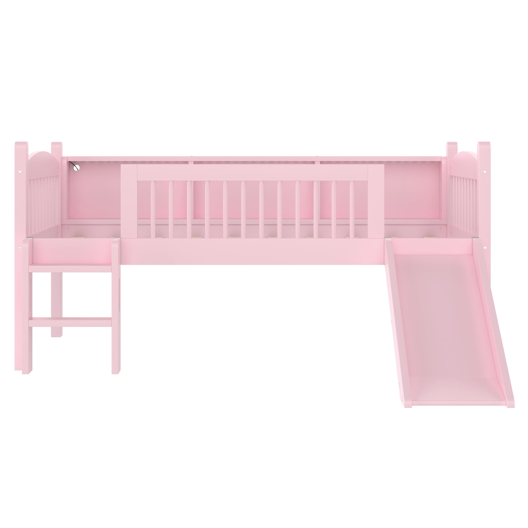 Leumius Twin Size Loft Bed with Slide,Solid Wood Loft Bed Frame with Storage Shelves,LED Lights and Full-length Guardrails,No Box Spring Needed,Pink