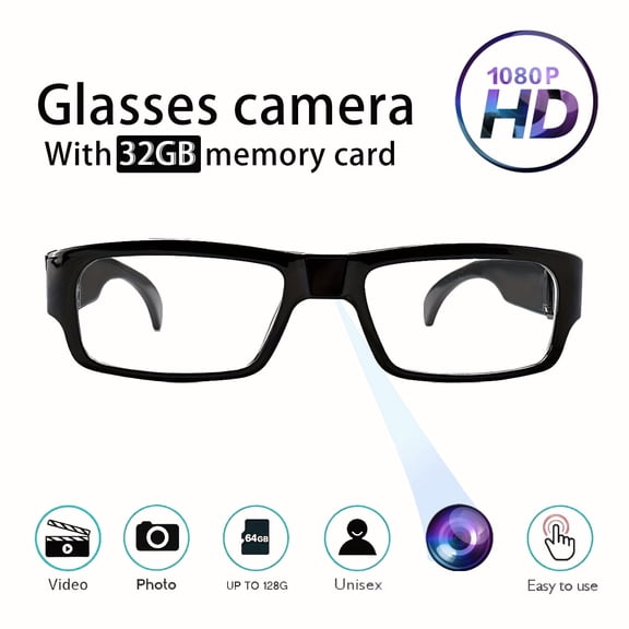 Yaoinaoou 1080P HD mini camcorder, 32GB memory card ultra-transparent camera glasses, DV bicycle camcorder, digital camera glasses with built-in camera, mini camera glasses, portable camera glasses