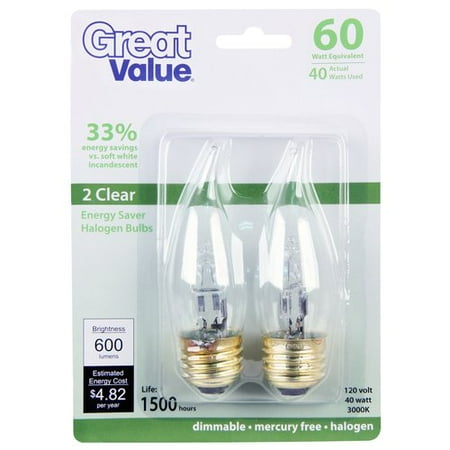 Great Value Gv 40w Cl Fl Med Base Es Halo 2pk 60w Eq