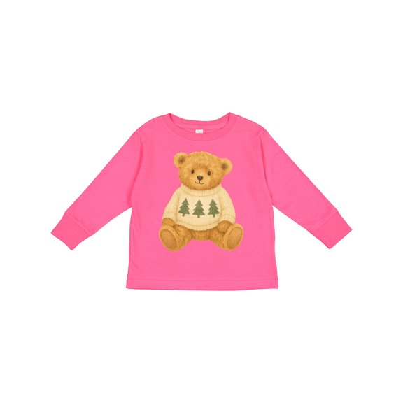 Inktastic Vintage Teddy Bear in Sweater with Christmas Trees Boys or Girls Long Sleeve Toddler T-Shirt