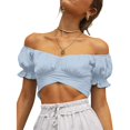 thumbnail image 5 of Outfmvch crop tops for women Ruffle Short Sleeve Tie Up Back Crop Off Shoulder womens tops crop tops Light blue, 5 of 8