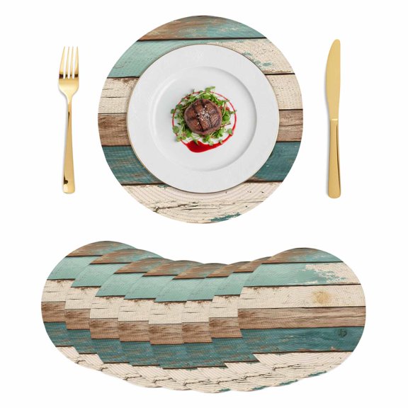 Farmhouse Teal Brown Round 13 Inch Placemats Set of 8, Retro Ombre Wooden HeatResistant Non Slip Place Mats for Dining Table, Wipeable Braided Kitchen Table Mats for Housewarming