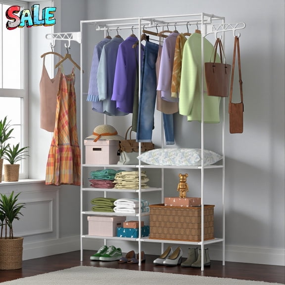 Tcbosik Portable Wardrobe with Dual Hanging Rods, Fabric Shelves, and 360° Rotatable Hooks, White Closet Organizer for Bedroom, Laundry, or Small Spaces - 42"L x 14.2"W x 66.1"H