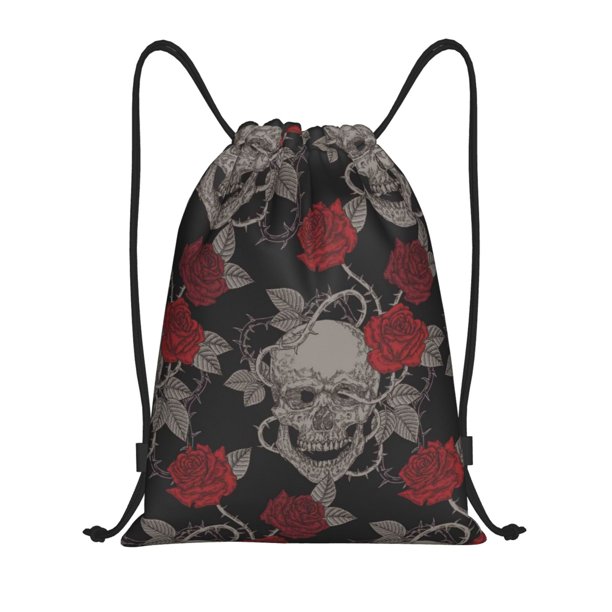 Fotbe Skull and Red Roses Bolsa Mochila con Cordón Estampada, Bolsa de Gimnasio Deportiva, Bolsa Cinch, Bolsa con Cordón para Hombres y Mujeres-Medium
