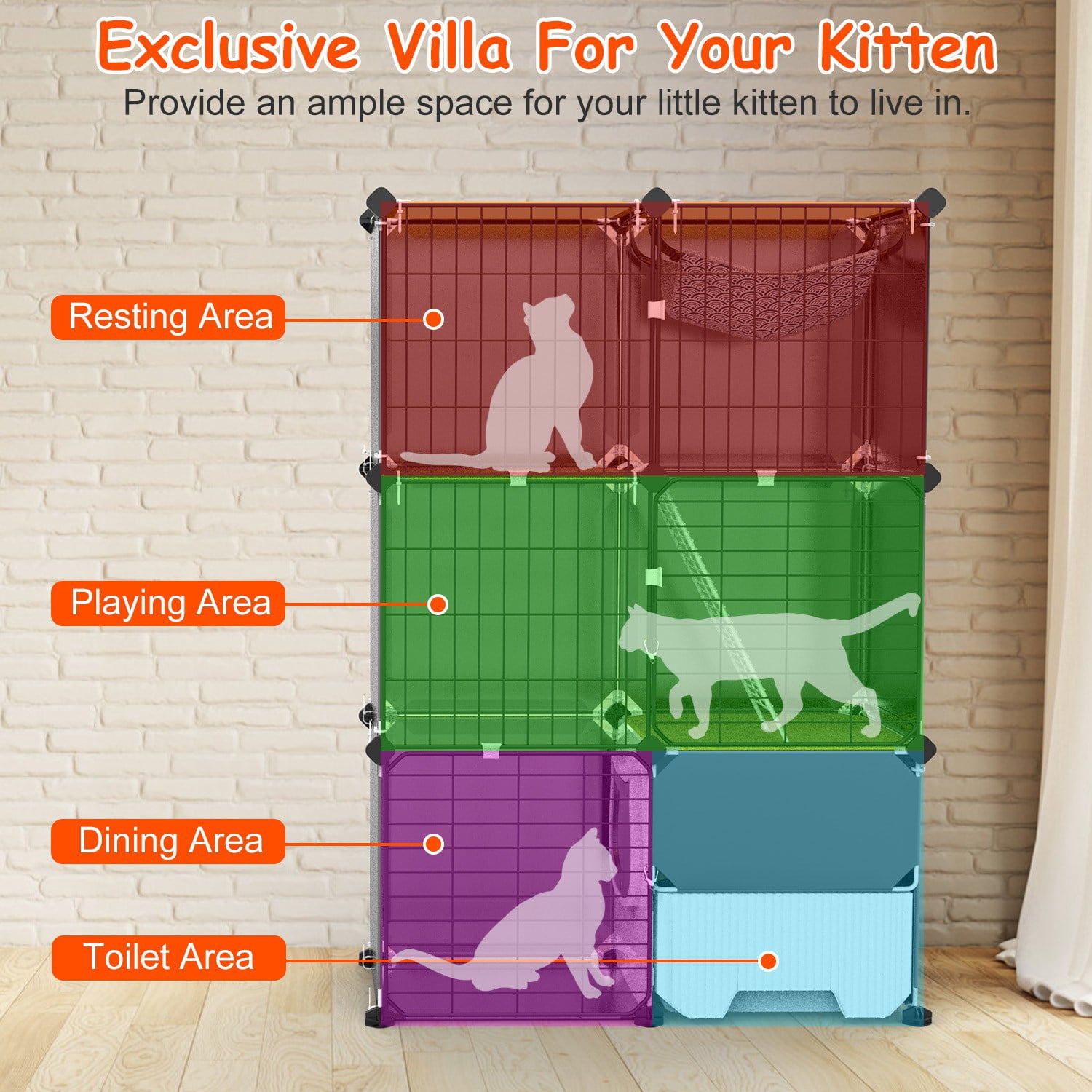 Imountek Detachable Metal Wire Cat Enclosure, 3-Tier Indoor Cat Playpen Cage with Pull-out Litter Box, Hammock, Ladder for 1-2 Kittens, Small Pets
