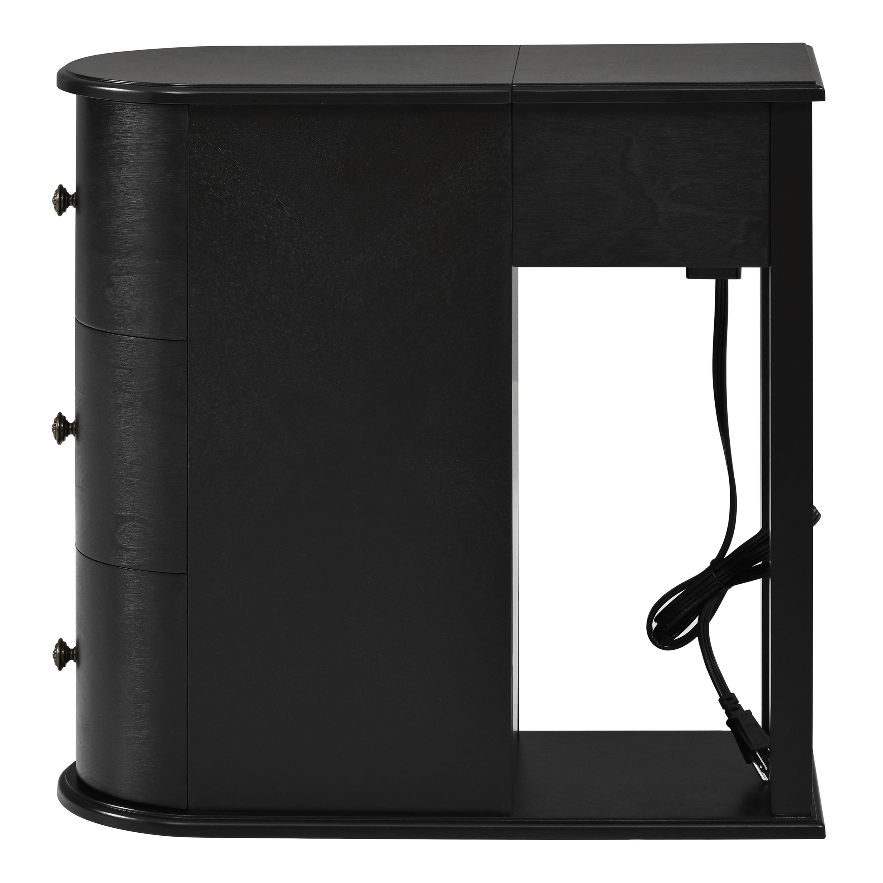 Modern End Table with Hidden Cup Holder Drawer, Charging Station & Pull-Out Side Table, Wooden Bedside Table with 2 Storage Drawers, Space Saving End Table for Bedroom & Living Room