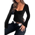 thumbnail image 3 of Blotona Flare Long Sleeve Slim Basic T-Shirts for Women Simple Style Casual Solid Color Sweetheart Neck Ruched Slim Hem Crop Tops Base Tees, 3 of 4