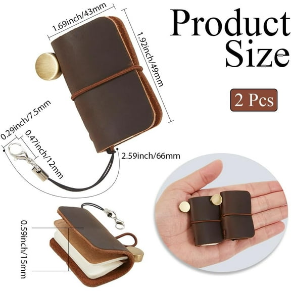 2Pcs 1.7 x 1.9inch Mini Notebook Genuine Leather Journal Bound Portable Vintage Personalized Tiny Travel Blank Pocket Diary Brown for Keychain Writing Drawing