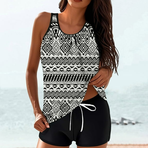 OSFVNOXV Retro Tankini Sets for Women,2-Piece Boho Print Swimsuits,Summer 2025 Hawaiian Swimwear Beachwear Top and Boy Shorts