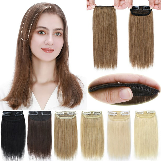 MY-LADY Invisible Short Clip In Remy Human Hair Extensions Side Patch Hair  Pad Hairpiece Topper For Thicker #06 Light Brown 8inch 