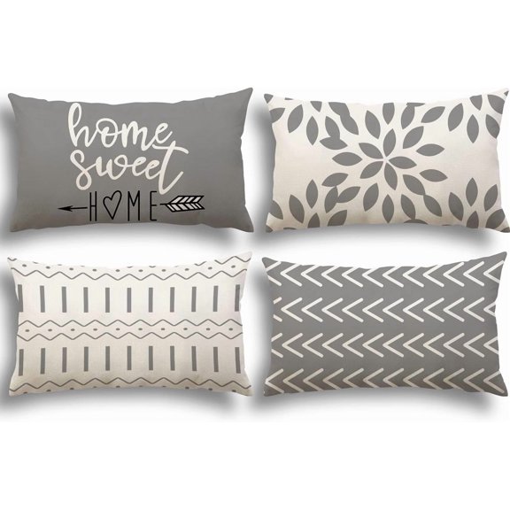 Lumbar Pillow Covers 12x20 Set of 4, Modern Sofa Throw Pillow Cover, Decorative Outdoor Linen Fabric Pillow Case for Couch Bed Car，Gray
