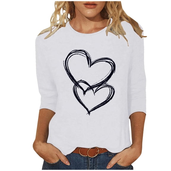 WRKEKC 3/4 Sleeve Tops for Women Round Neck Valentine Print Casual Loose Fit T Shirt for Daily Wear and Style