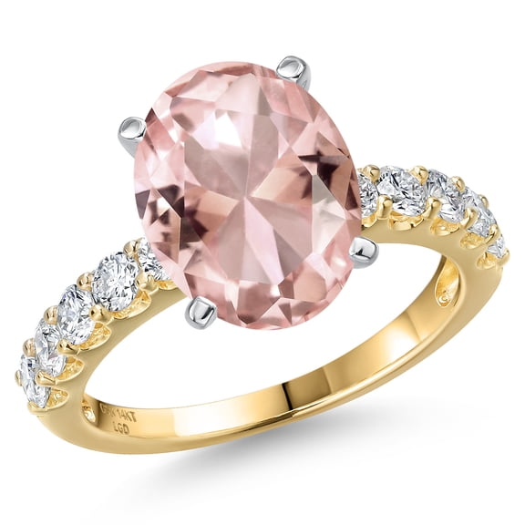 Gem Stone King 14K Two Tone Gold Peach Nano Morganite and Lab Grown Diamond Engagement Ring for Women | 5.38 Cttw | Oval 12X10MM | Gemstone October Birthstone | Size 7