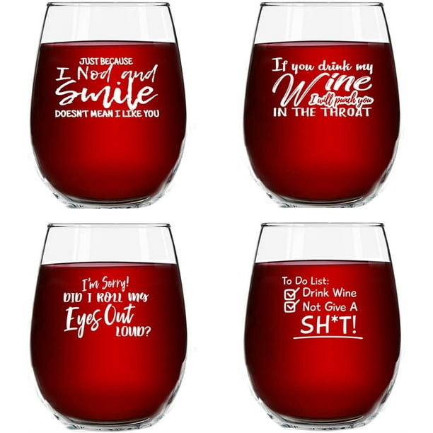 Set of 4 Crude & Rude Funny Wine Glasses Novelty Glassware Gifts for
