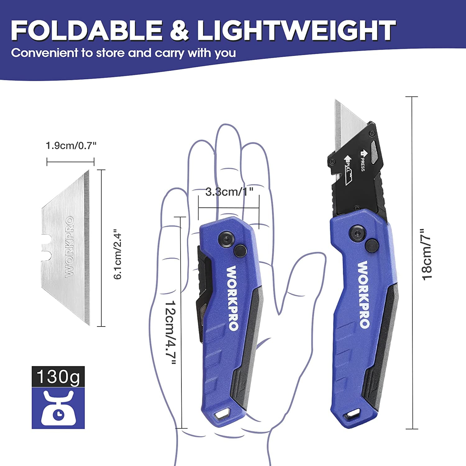 Folding Utility Knife, Quick Change Box Cutter, Razor Knife for Cartons, Cardboard, Boxes, Blade Storage in Aluminum Handle, 13 Extra Blades Included (Blue)