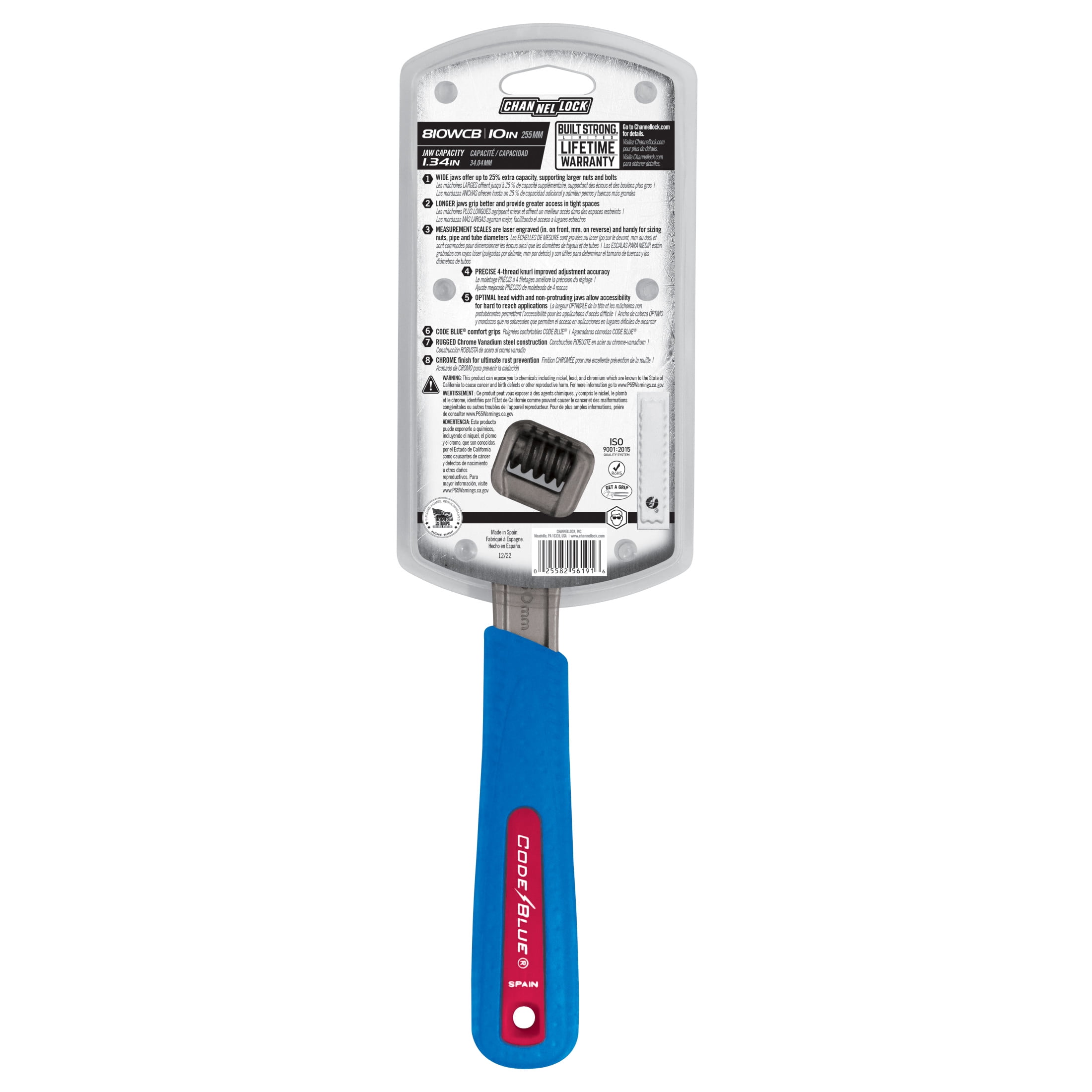 CHANNELLOCK 10-inch CODE BLUE Adjustable Wrench, Precise 1.38-inch Wide Mouth Jaw Capacity (810WCB)