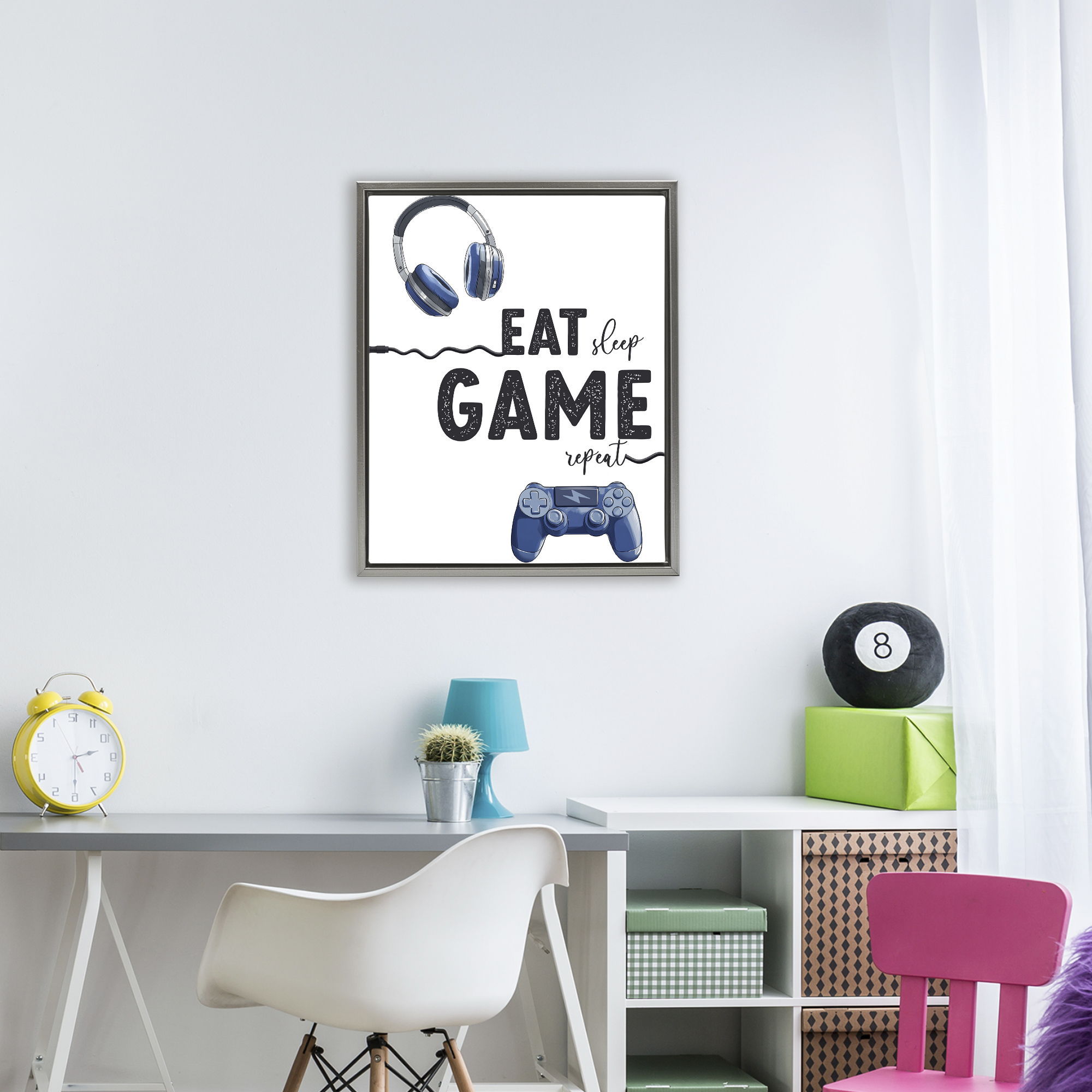 Eat Sleep Game Lifestyle Gray Framed Floater Canvas Wall Art, design by Christine Simpson Art
