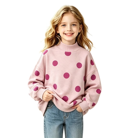 WhouRiu Girls Casual Neck Sweatshirts Fall Cozy Polka Dot Print Pullover Sweatshirt 2-15 Years