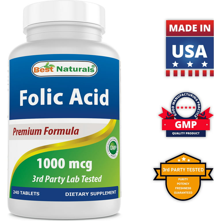 Best Naturals Ácido fólico 1000 mcg (vitamina B9), 240 tabletas (1000 mcg)