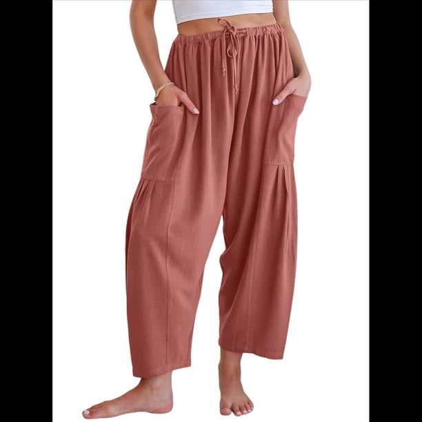 Pantalones Palazzo Harem Informales Holgados con Cordón para Mujer, para Verano, Playa, Viajes, Vacaciones, con Bolsillos. Naranja Rojo M