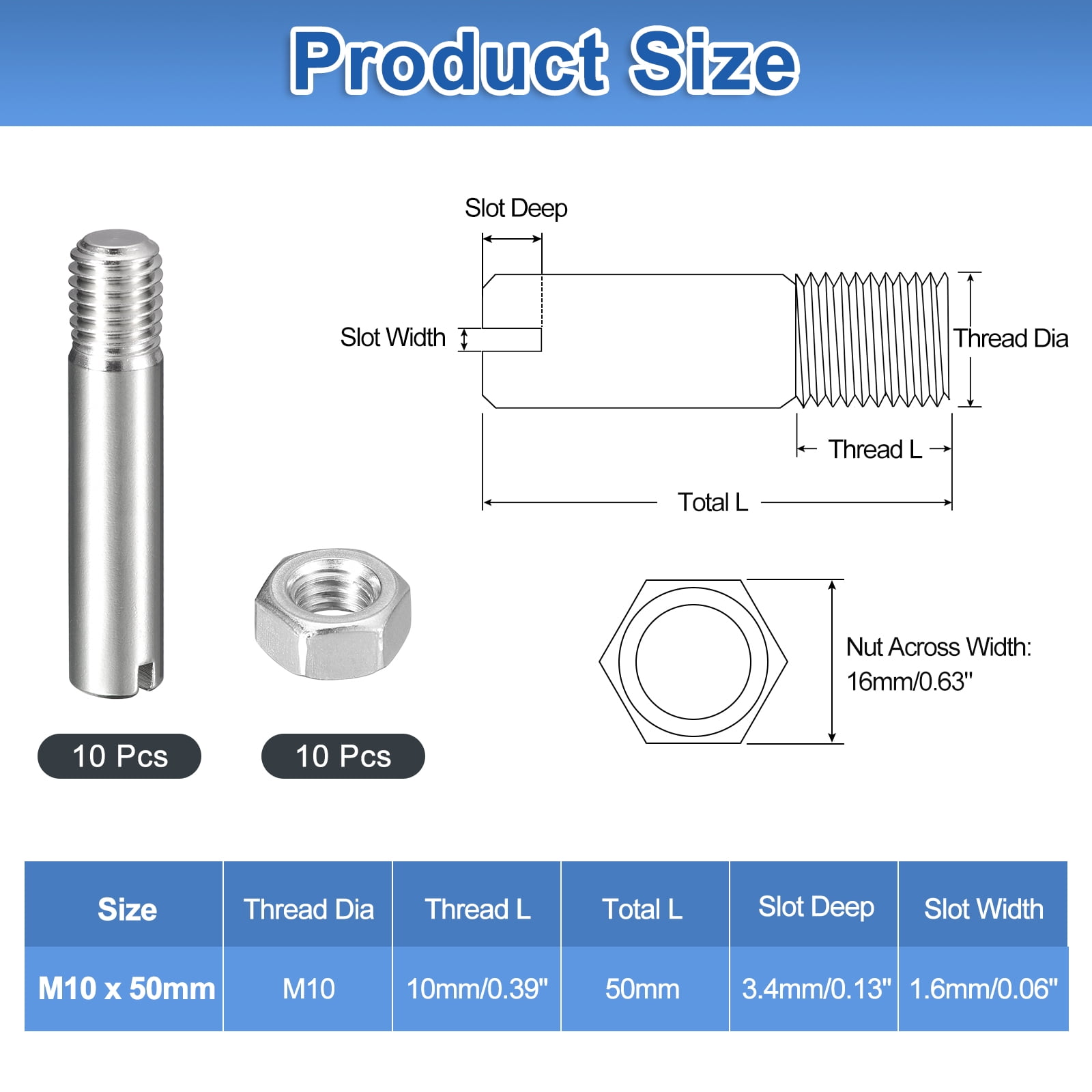 10Pack Slotted Cylindrical Pin, M10 x 50mm 304 Stainless Steel Dowel with Nut