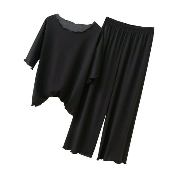 Liquidation et Promo, Ensemble de Pyjama pour Femme Décontracté Ample à Manches Courtes avec Pantalon, Coton Doux, Coupe Confortable, Vêtement de Nuit, Relaxant, Confort Nocturne Parfait pour Toutes les Saisons/100 % Polyester, Noir