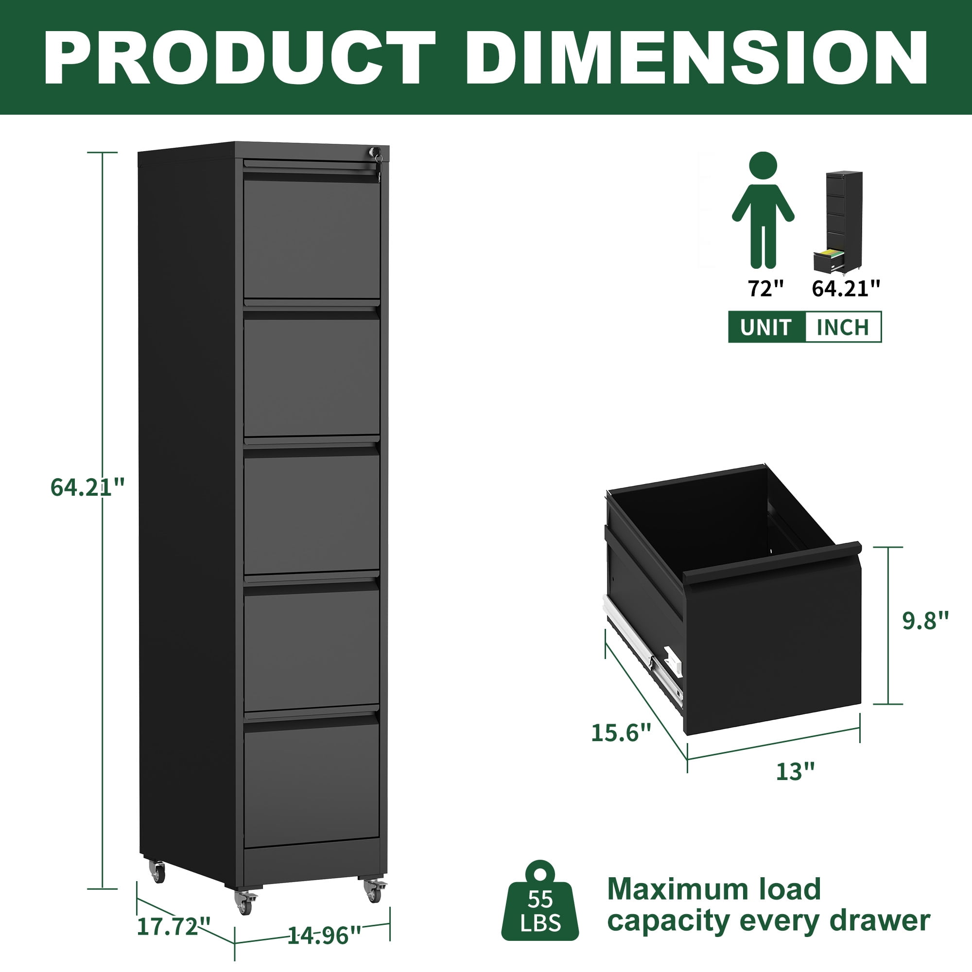 5 Drawer Metal Vertical File Cabinet with Lock on Wheels for Home Office,Heavy Duty Metal Storage Cabinet for A4/Letter/Legal Size Files, Black, 17.71"D*15.16"W*64.17"H