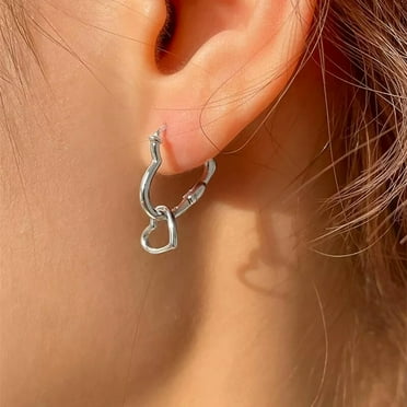 HOOUN S925 Solid Sterling Silver Love Double Heart Hoop Huggie Earrings Party Gifts