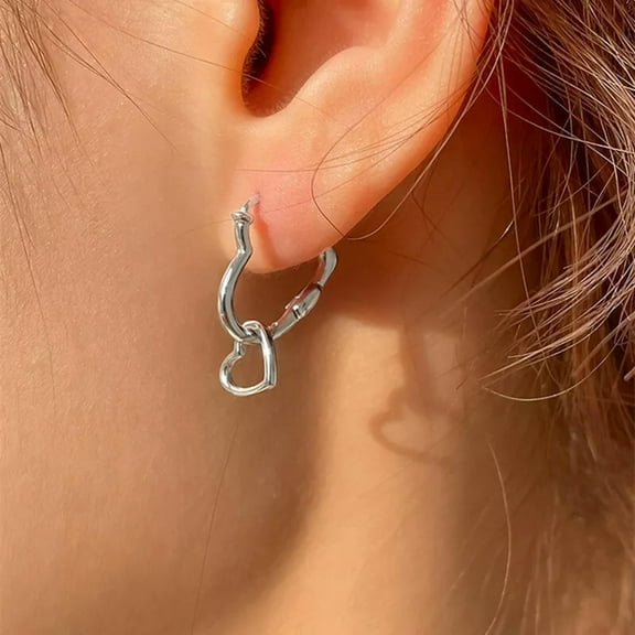 K-KED S925 Solid Sterling Silver Love Double Heart Hoop Huggie Earrings Party Gifts