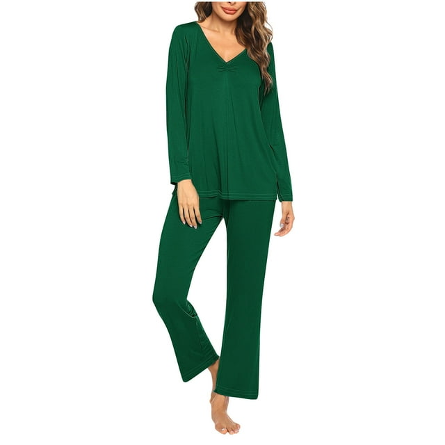Timegard Ensembles de Pyjamas pour Femmes 2 Pcs Manches Longues Col en V Haut Froncé et Pantalon Automne Décontracté Doux Tenues de Pjs