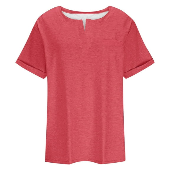 Women's T-Shirts Solid Color Large Size Loose V Neck Pocket Short Sleeved Casual Tops for Everyday Wear and Comfort