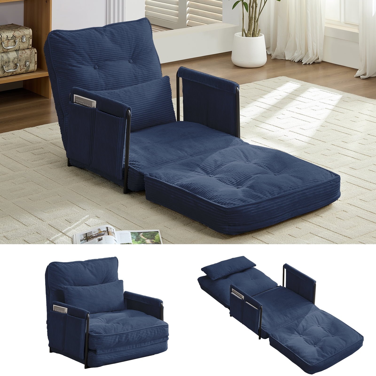 BALUS Futon Folding Sofa Bed, 4-in-1 Floor Couch with Foldable Mattress, Convertible sofa beds for Living Room, Corduroy, Dark Blue