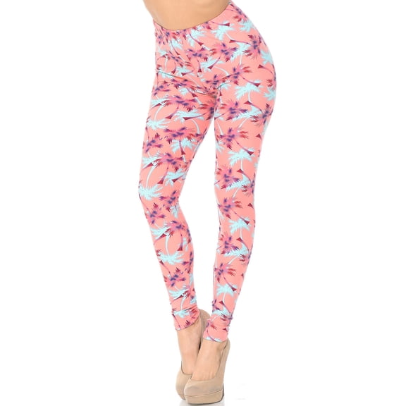 Buttery Soft Coral Palm Tree Leggings (One Size Regular,Coral)