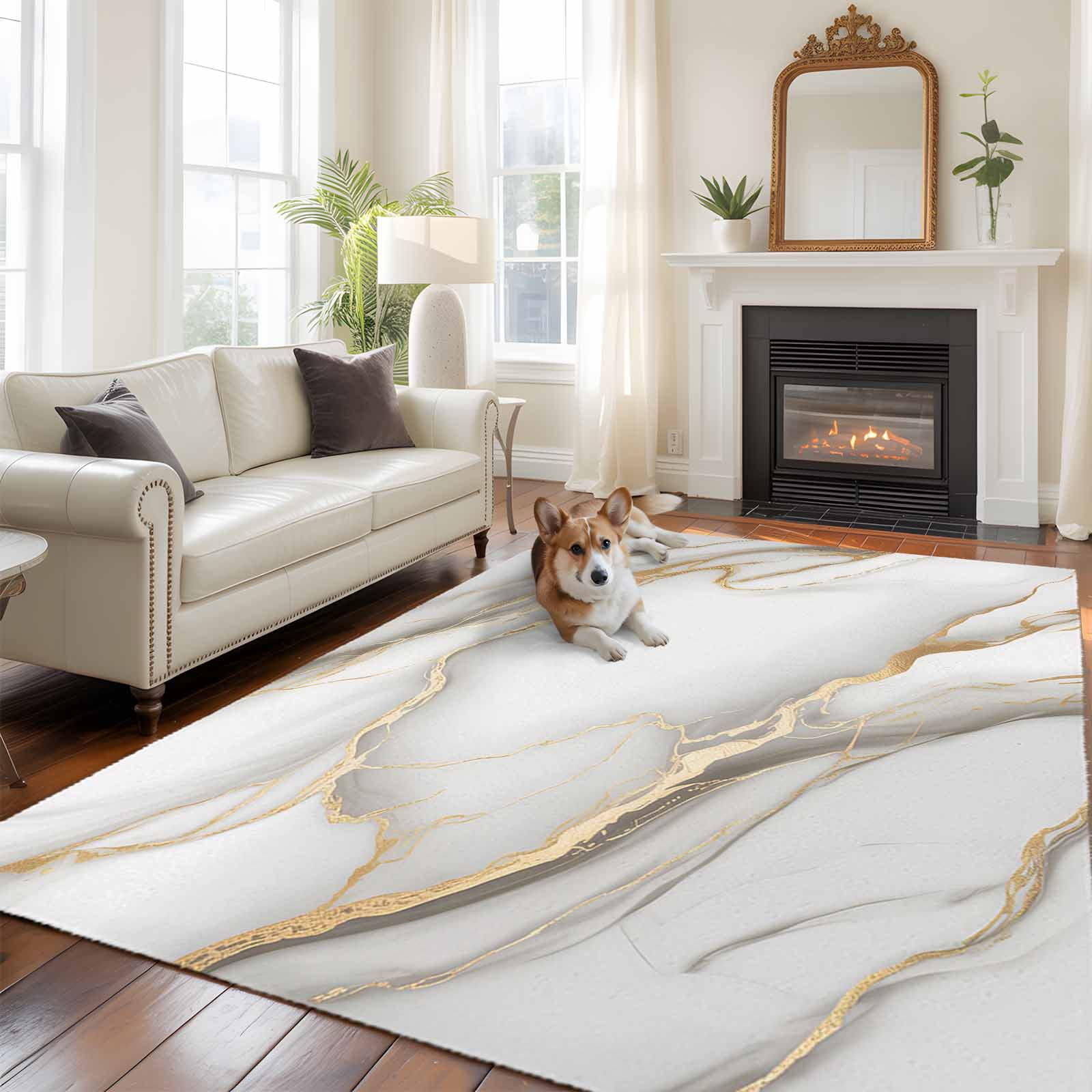 8x10 Area Rugs for Living Room, White Golden Marble Non Slip Area Rugs for Kitchen Bedroom Entryway, Modern Abstract Art Marble Flow Washable Carpet Runner Rug Floor Mats for Bedroom Home Decor