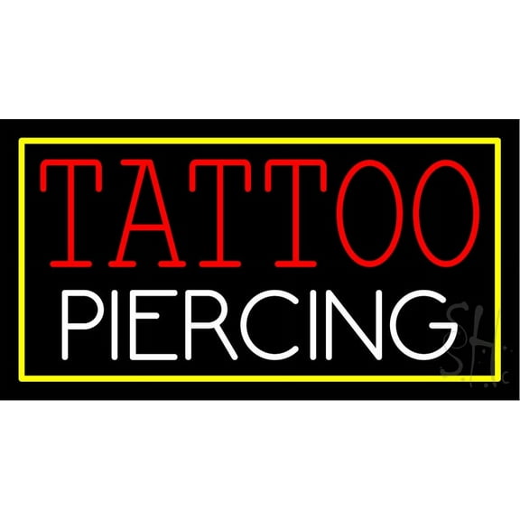 Tattoo Piercing Blue Border LED Neon Sign 20" Tall x 37" Wide - inches Black Square Cut Acrylic Backing, with Dimmer - Premium built indoor Sign for Storefront, Store interior, Studio.