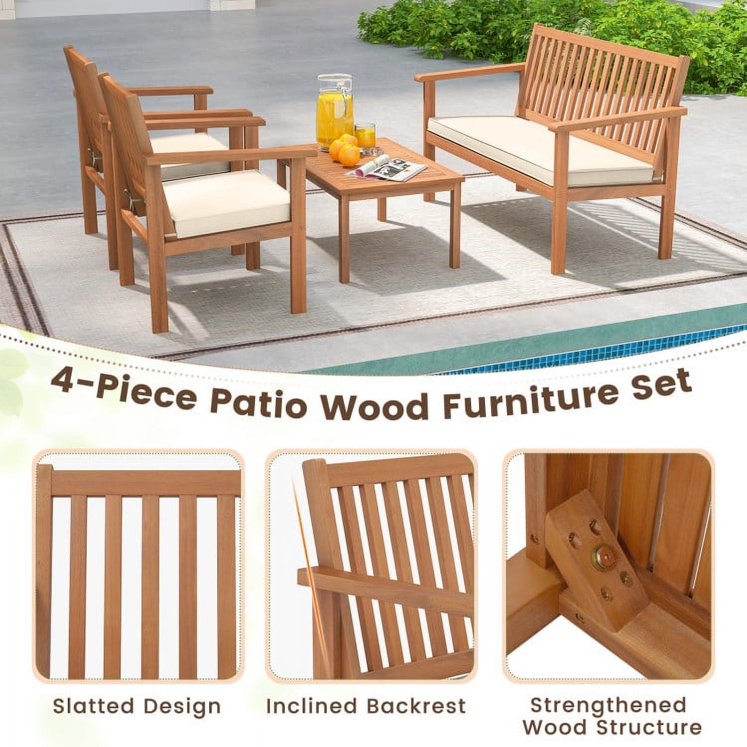 Aimee Lii 4 Pieces Patio Wood Furniture Set Acacia Wood Sofa Set with Loveseat, Patio Furniture Sets, Off White Aimee Lii 4 Pieces Patio Wood Furniture Set Acacia Wood Sofa Set with Loveseat, Patio Furniture Sets, Off White